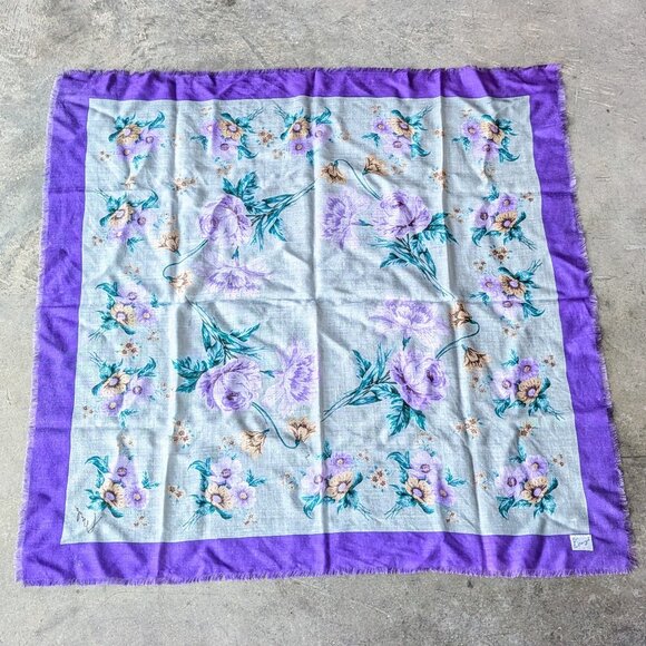Vintage Kenze Purple Gray Floral Wool Oversized Square Scarf - Picture 9 of 9